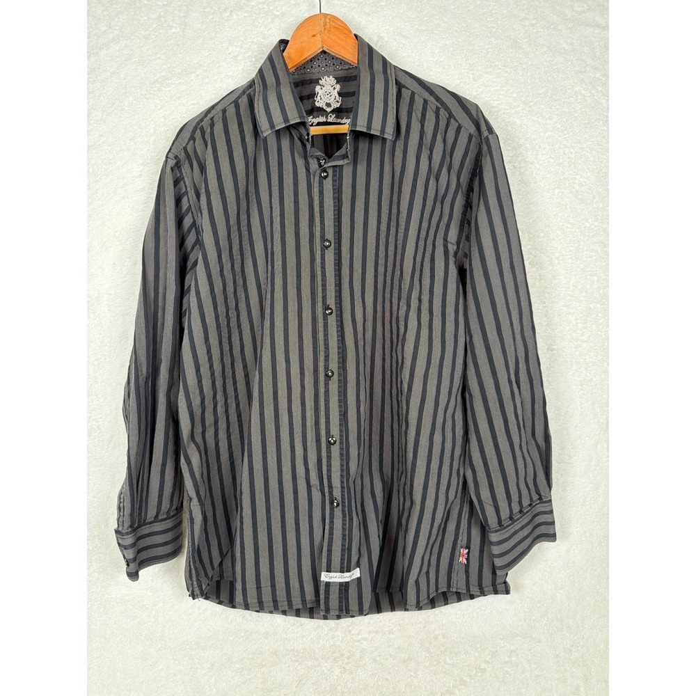 English Laundry Button Down Mens 17.5 34/35 Gray Black Striped Cotton Shirt